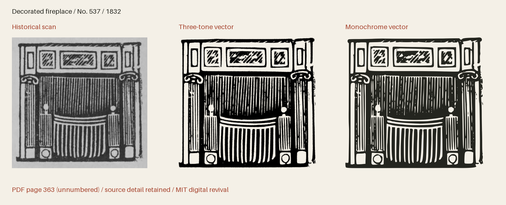 Historical scan beside the three-tone and monochrome vector revivals