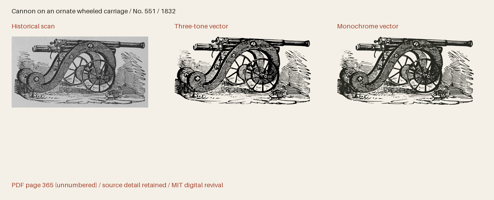 Historical scan beside the three-tone and monochrome vector revivals