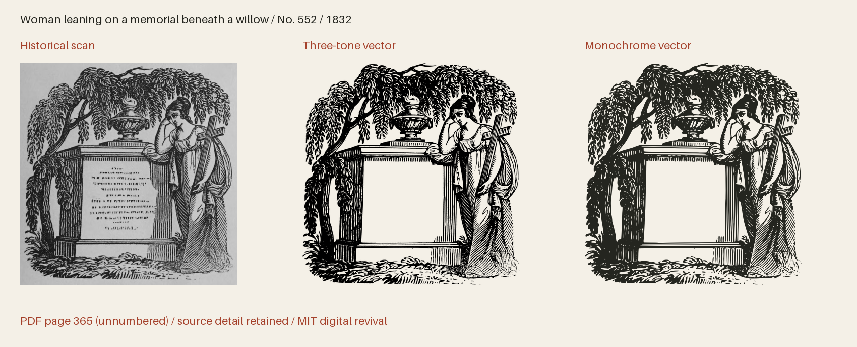 Historical scan beside the three-tone and monochrome vector revivals