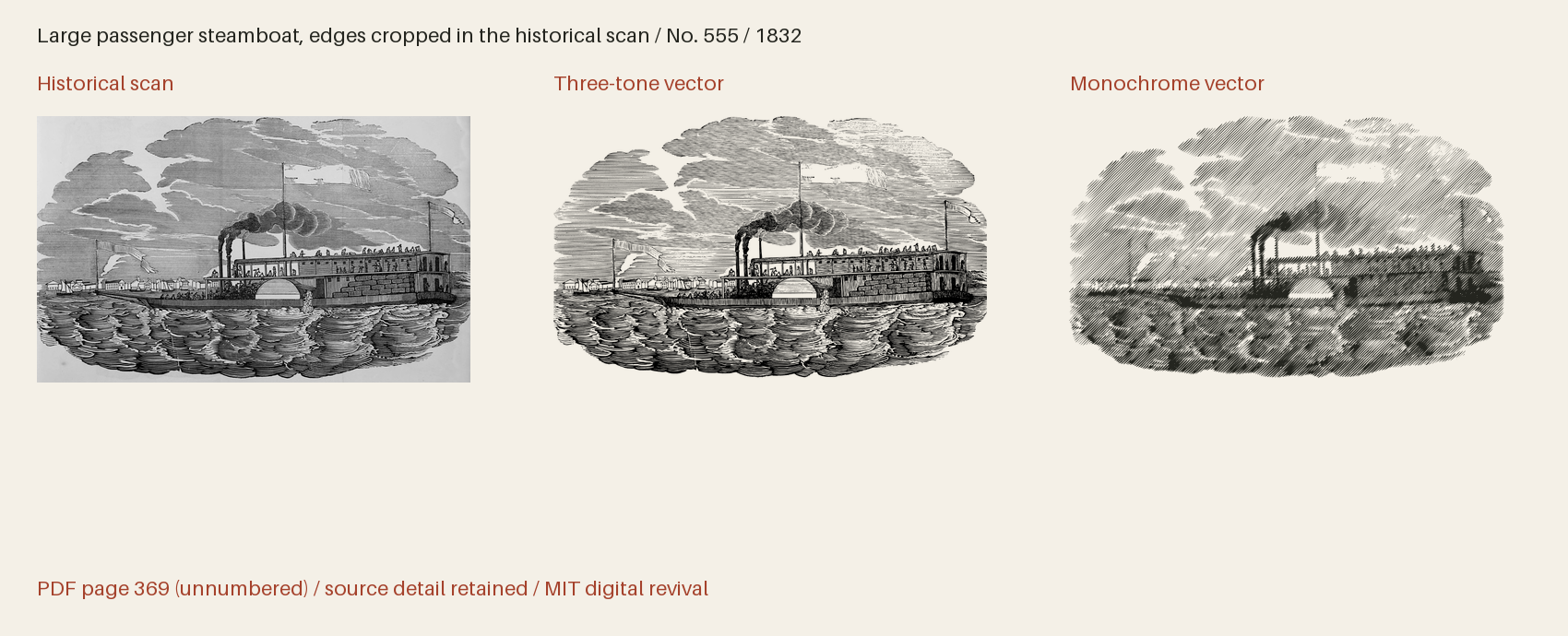 Historical scan beside the three-tone and monochrome vector revivals