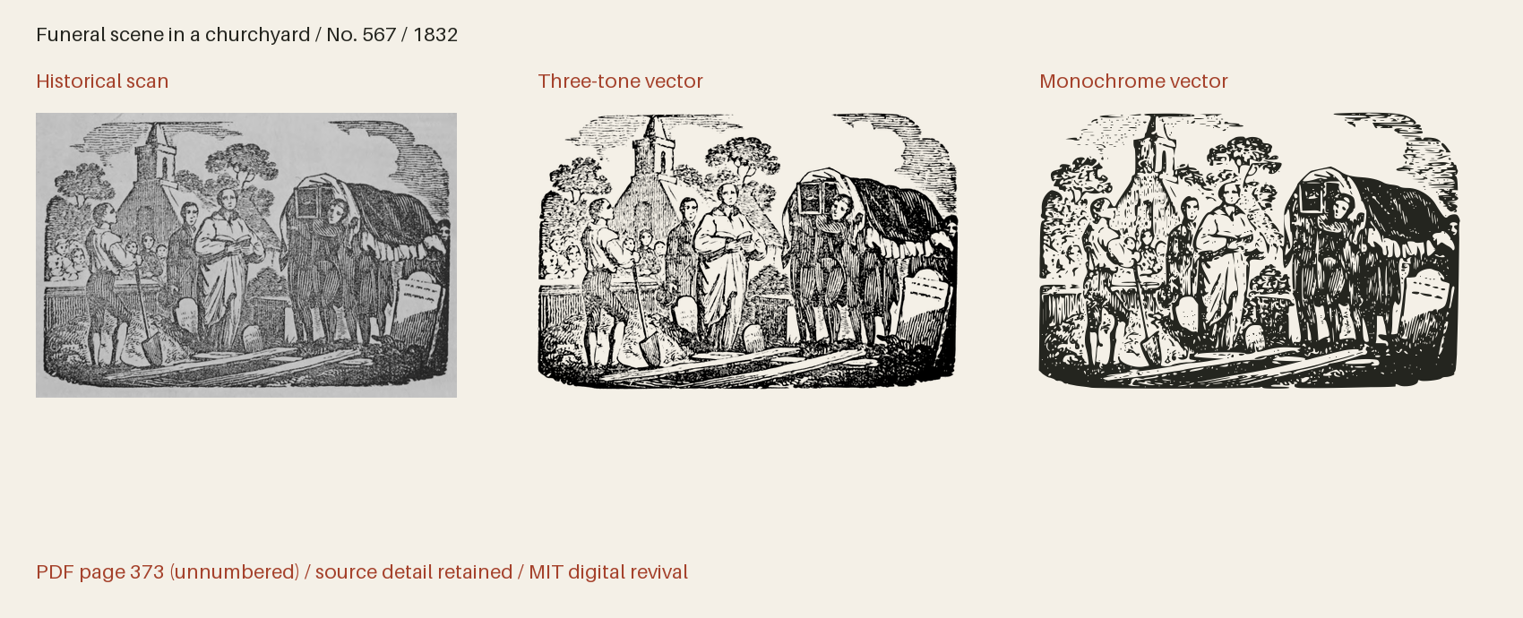 Historical scan beside the three-tone and monochrome vector revivals
