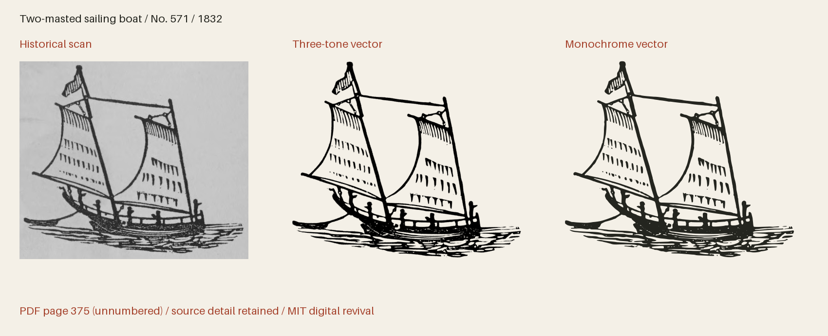 Historical scan beside the three-tone and monochrome vector revivals