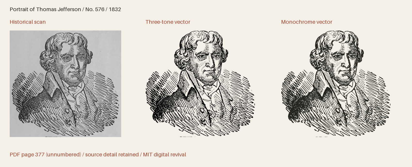 Historical scan beside the three-tone and monochrome vector revivals