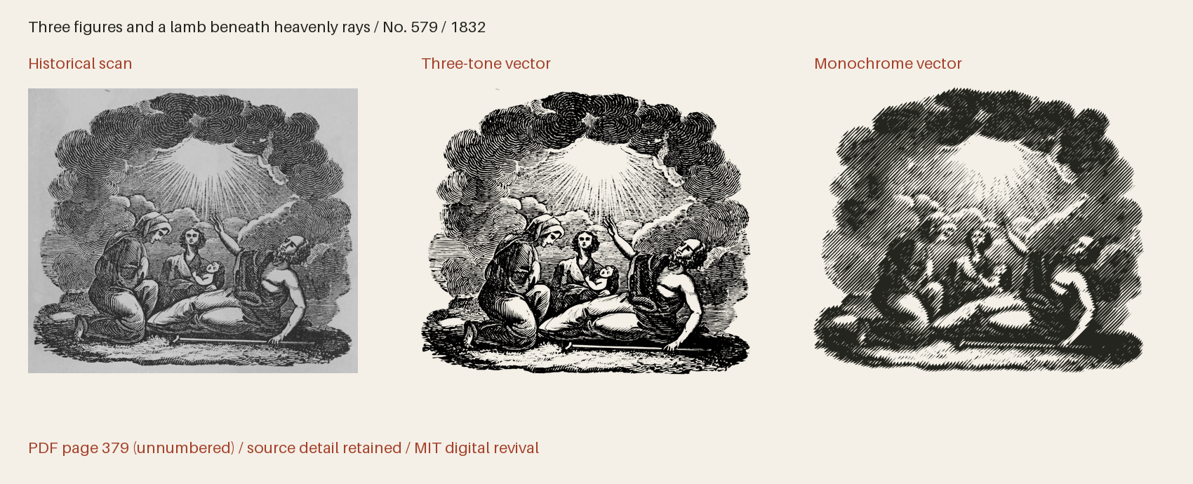 Historical scan beside the three-tone and monochrome vector revivals