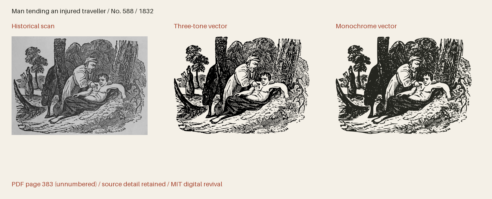 Historical scan beside the three-tone and monochrome vector revivals