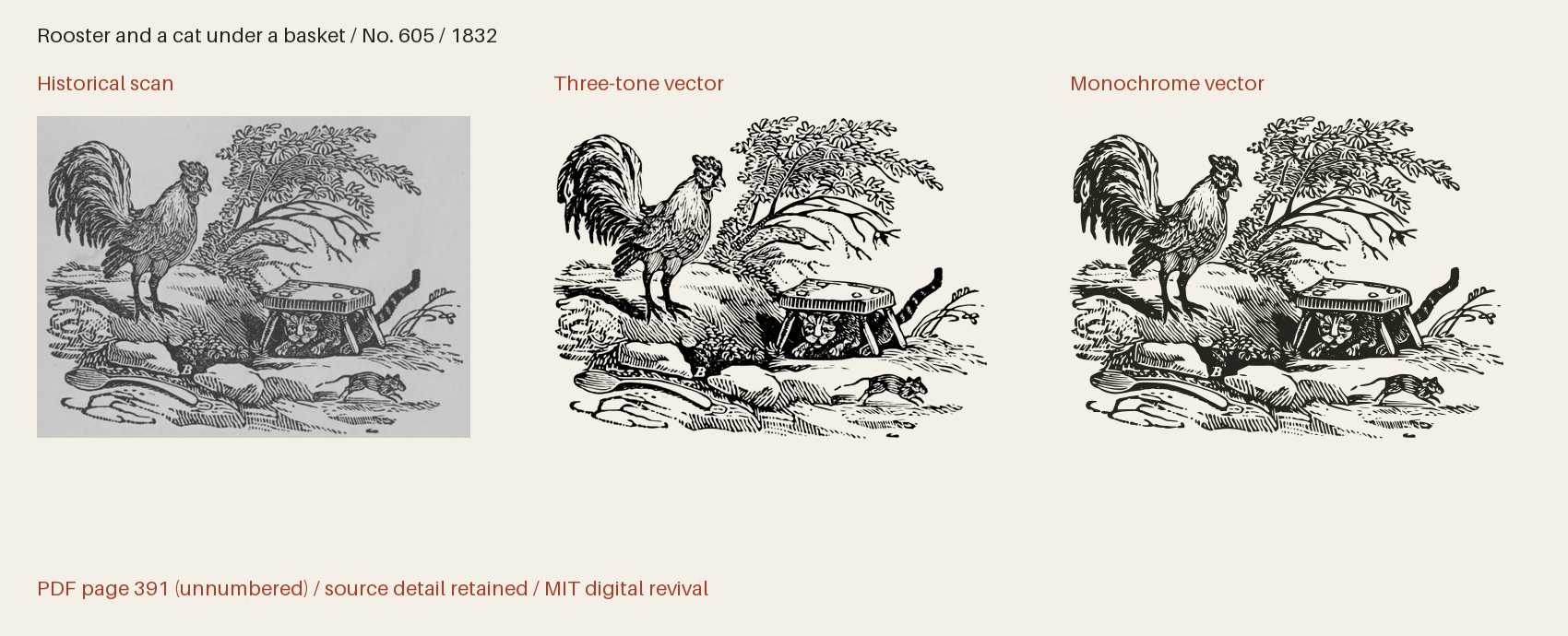 Historical scan beside the three-tone and monochrome vector revivals