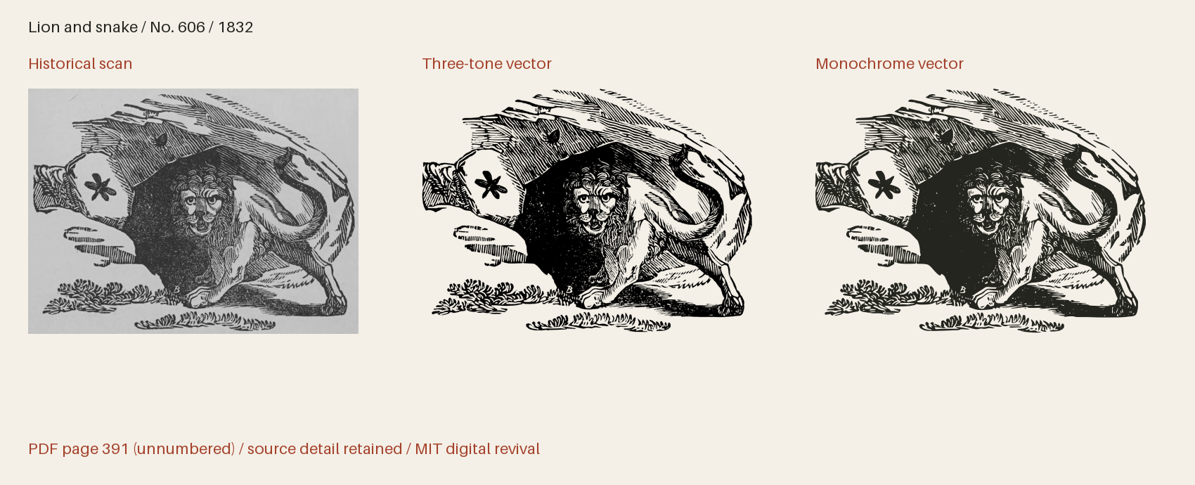 Historical scan beside the three-tone and monochrome vector revivals