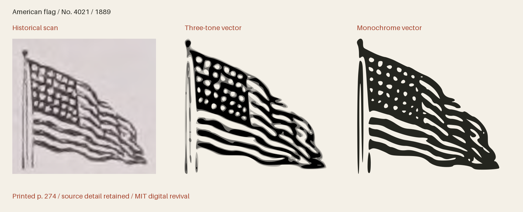 Historical scan beside the three-tone and monochrome vector revivals