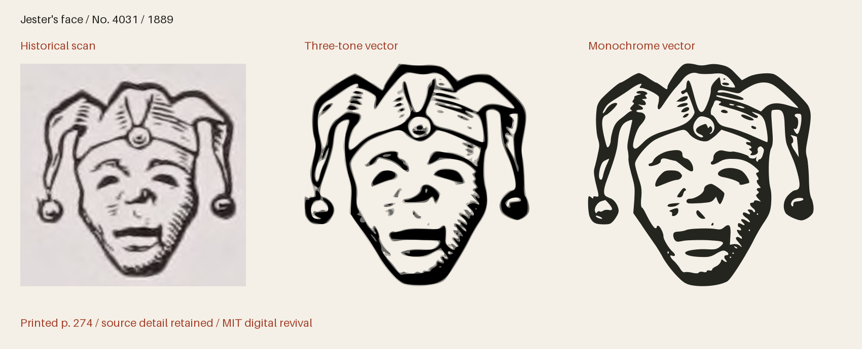 Historical scan beside the three-tone and monochrome vector revivals