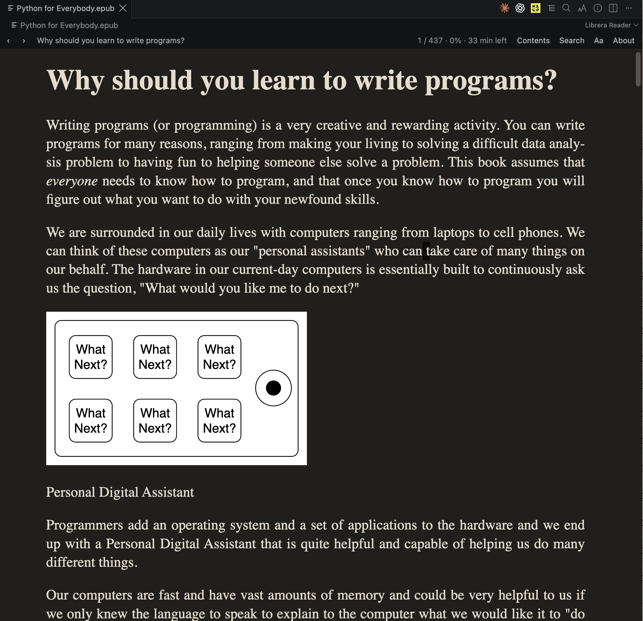 A book open in an editor tab, set in Dusk