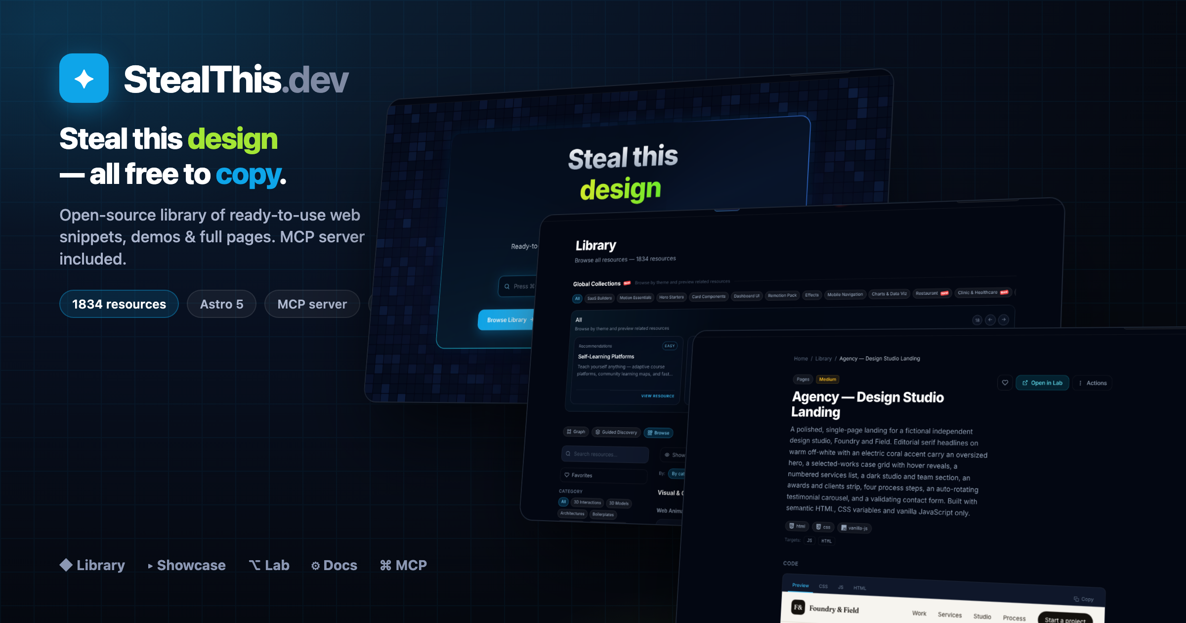 StealThis.dev — open-source library of copy-paste web snippets, demos & full pages, with an MCP server