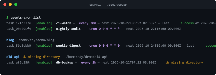 agents-cron list in ~/demo/webapp showing the project's ci-watch and nightly-audit tasks first, then a blog project group with weekly-digest, then an old-api group whose db-backup task is marked missing directory