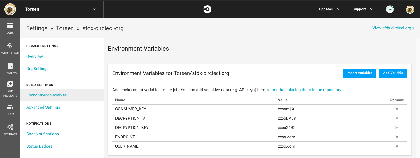 A picture of the CircleCI UI that shows the environment variables