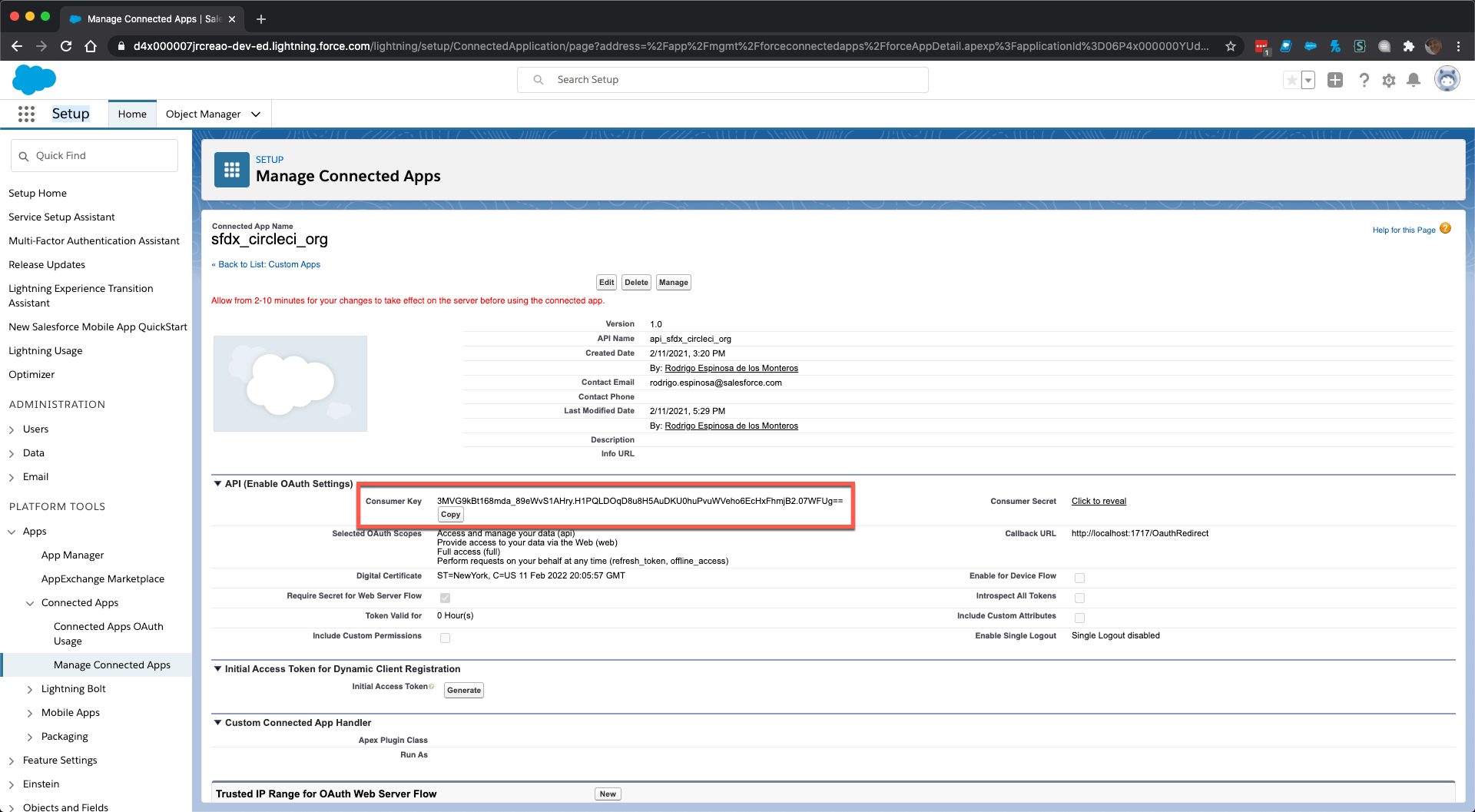 A picture of the Salesforce UI that shows the Connected App management screen