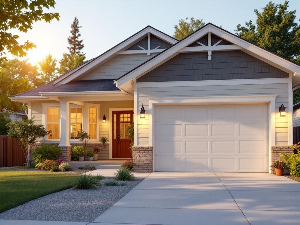 Updated home exterior with garage door, siding, and entry improvements