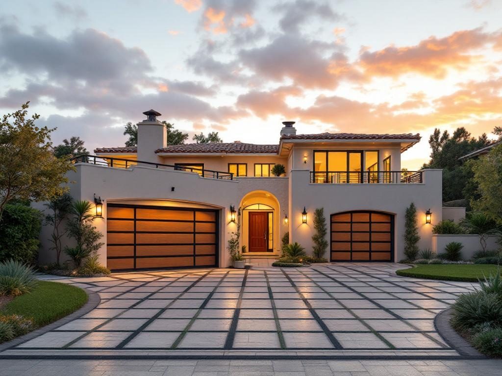 Luxury coastal home exterior with refined landscaping and premium garage door