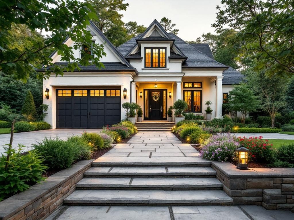 Landscaped upscale home exterior with refined curb appeal and garage door design