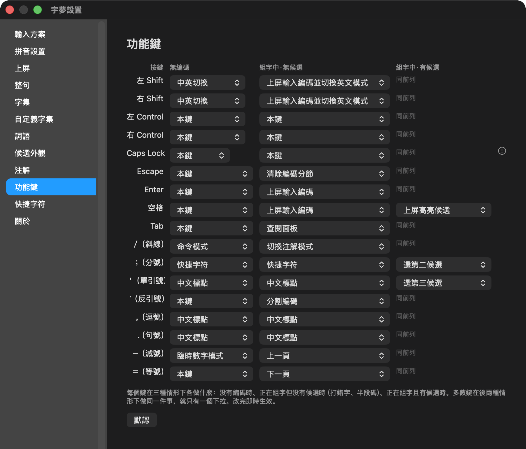 功能键设置面板