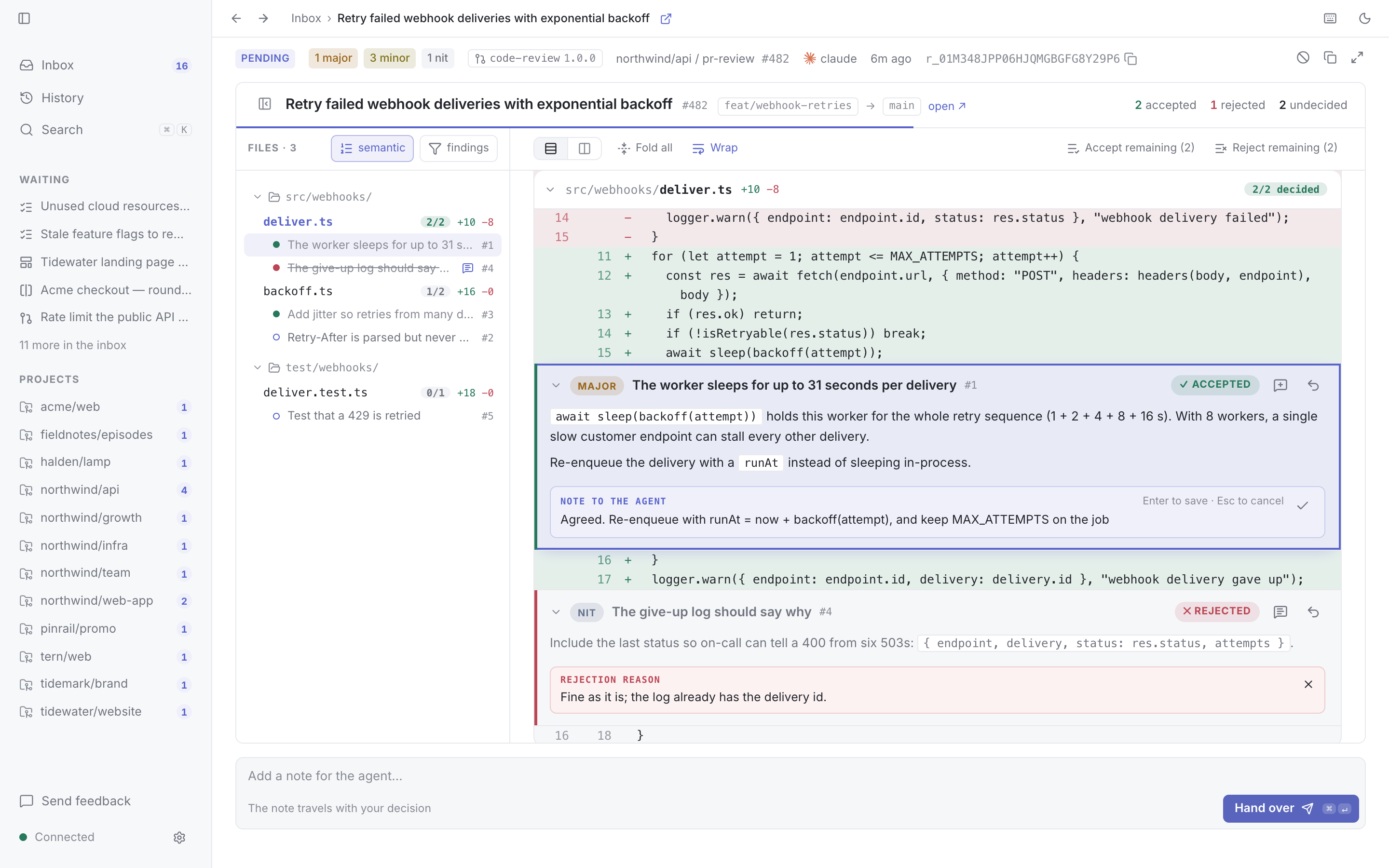 Pinrail with a code review open: the agent's findings on the diff, one accepted with a note to the agent and one rejected with a reason, and the other waiting reviews in the sidebar