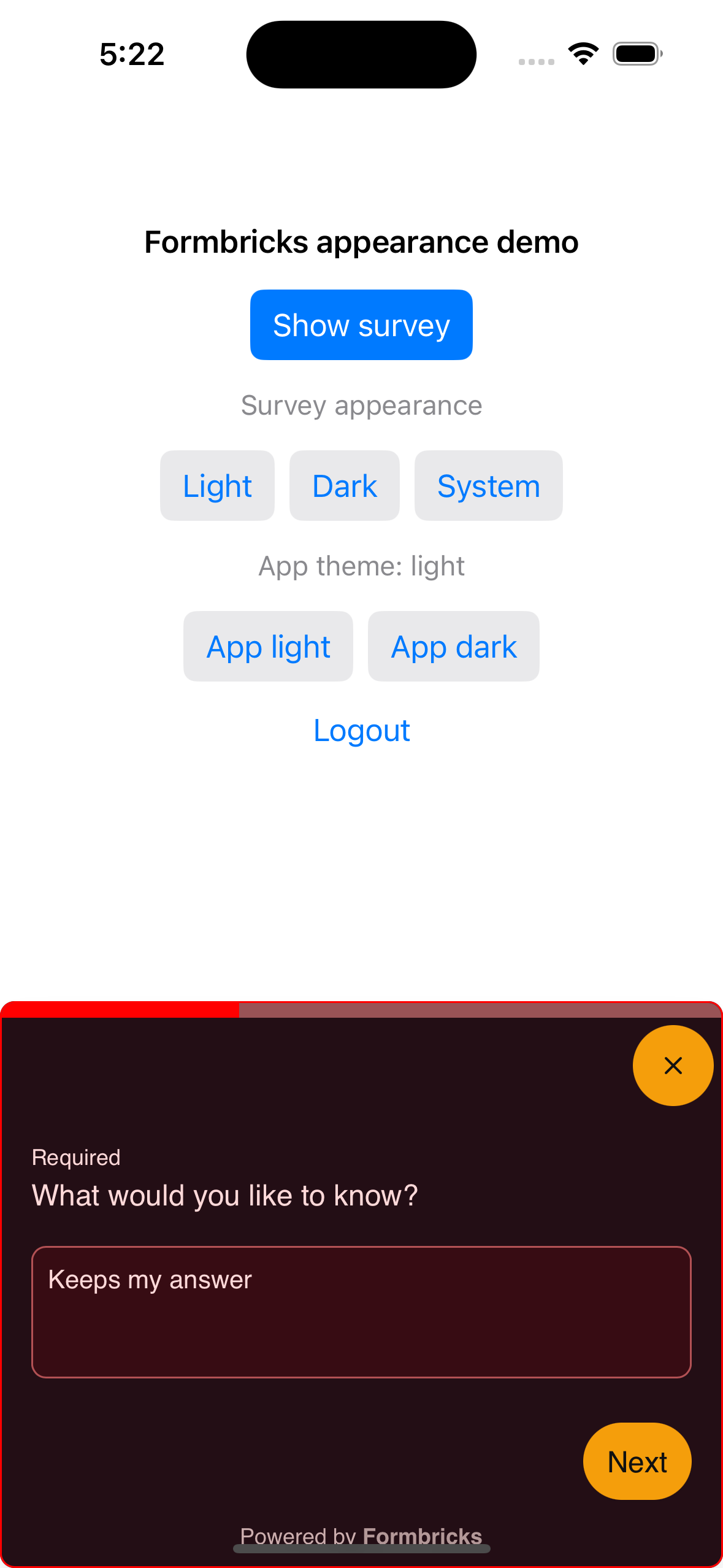 Survey in dark mode with custom CSS