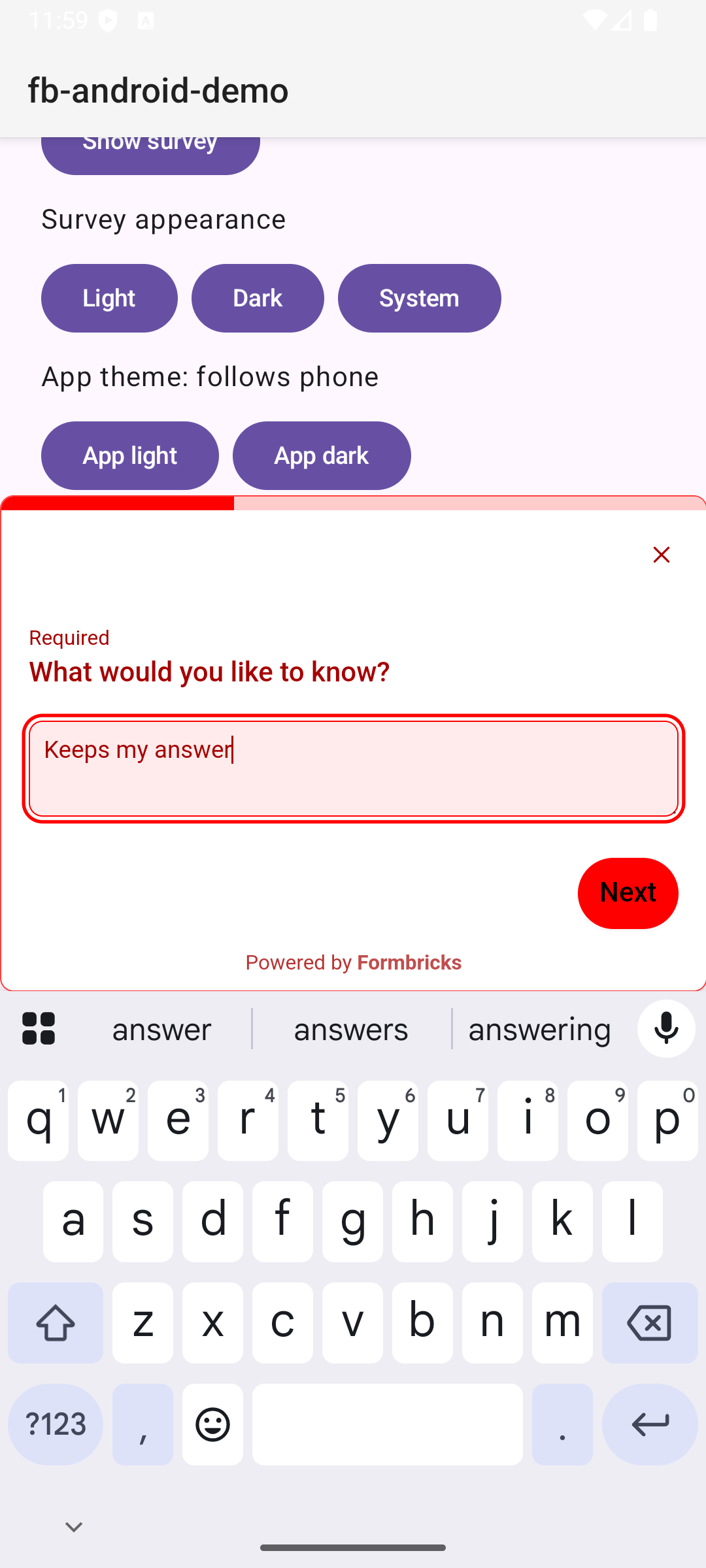 Survey in light mode with the typed answer