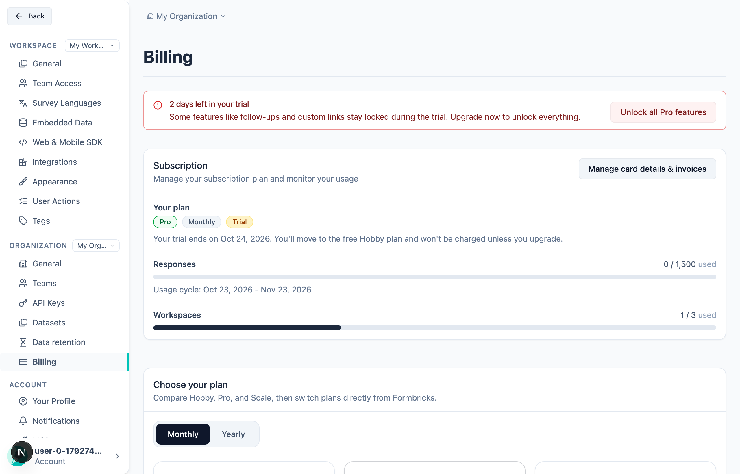 Billing page: "Your trial ends on Oct 24, 2026. You'll move to the free Hobby plan and won't be charged unless you upgrade"