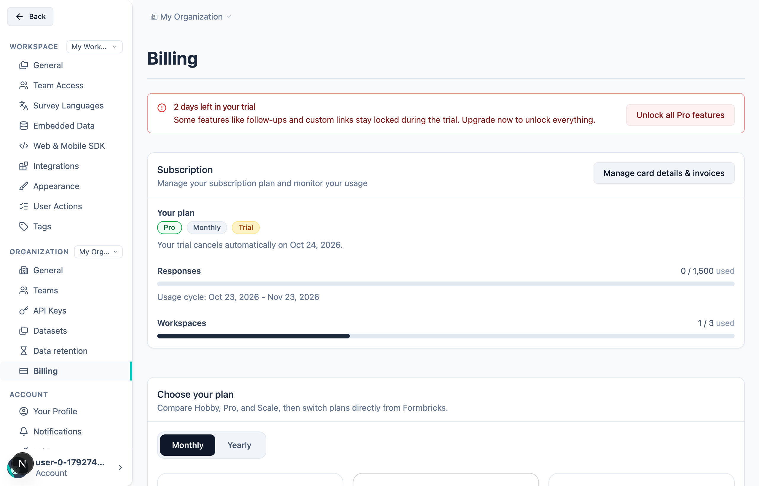 Billing page: "Your trial cancels automatically on Oct 24, 2026"