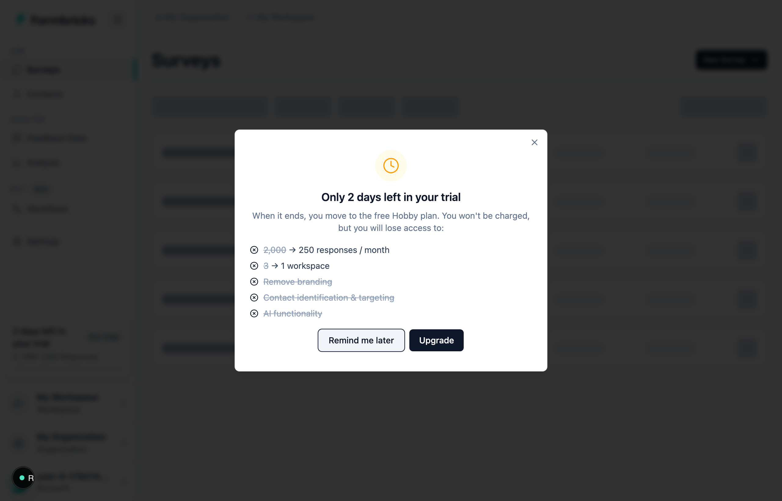 Trial-ending modal: "you move to the free Hobby plan, you won't be charged" and an "Upgrade" button