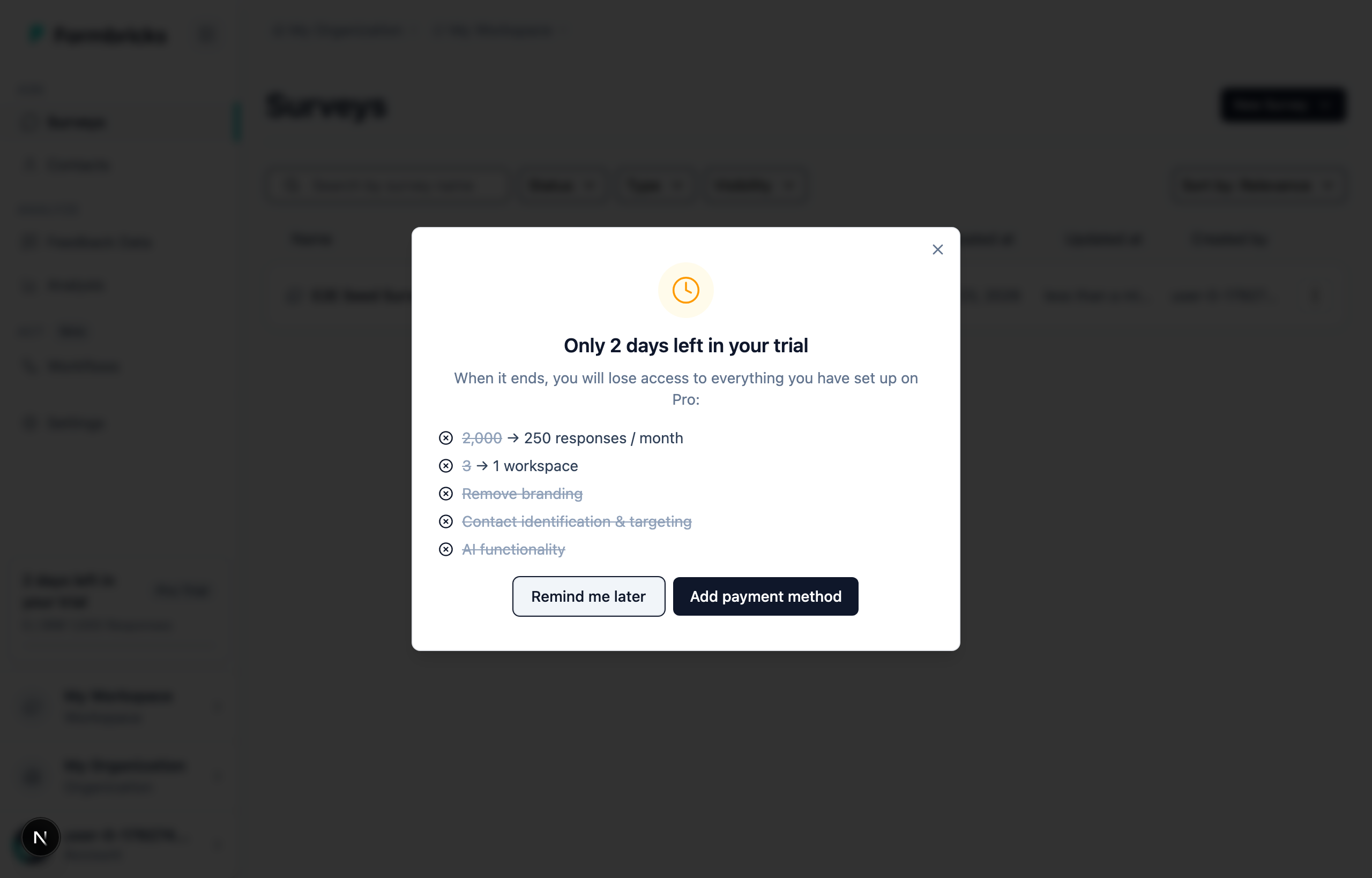 Trial-ending modal: "you will lose access" and an "Add payment method" button