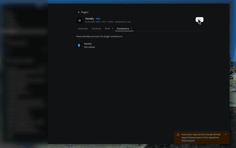 Connecting a Formify account to the plugin through the Connectors tab