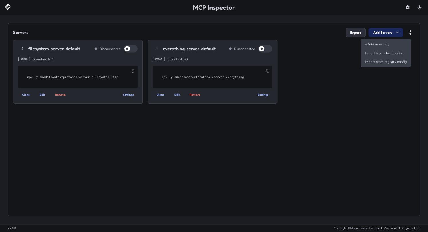 Add Servers menu with Import from client config highlighted
