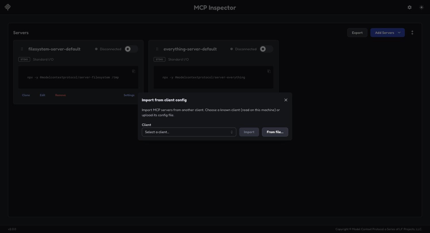 Import from client config dialog offering a client dropdown and a From file button