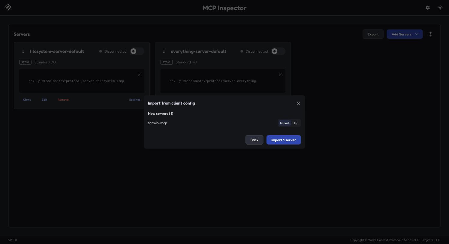 Dialog listing formio-mcp under New servers with an Import 1 server button