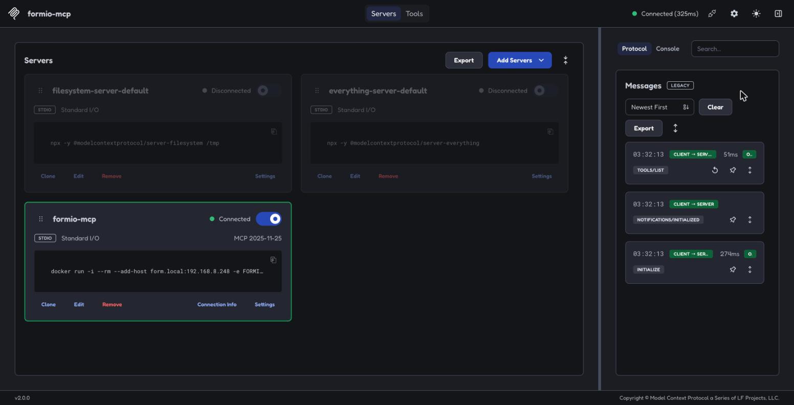 Server card for formio-mcp showing Connected and the docker command it runs