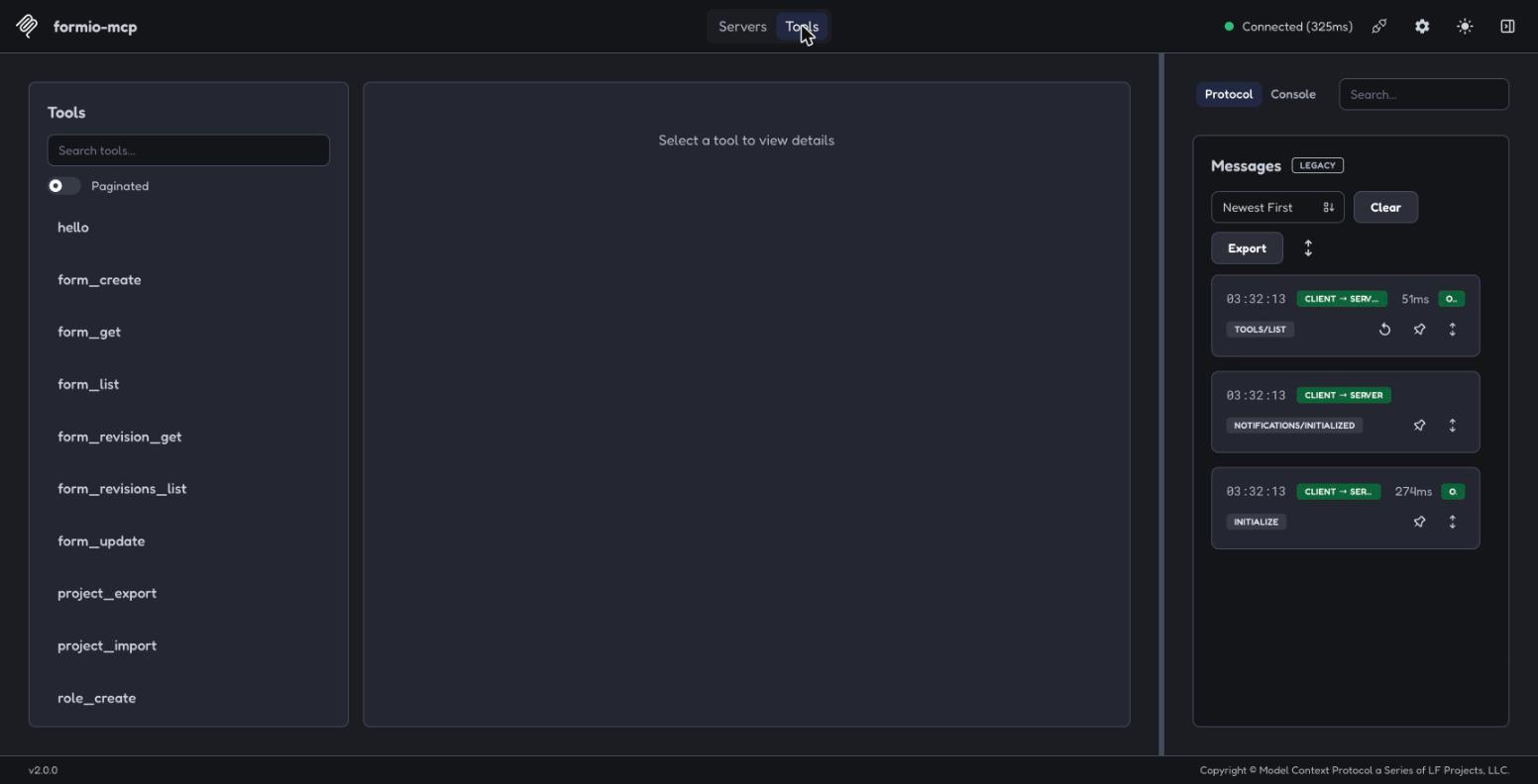 Tools tab listing hello, form_create, form_get, form_list and the rest