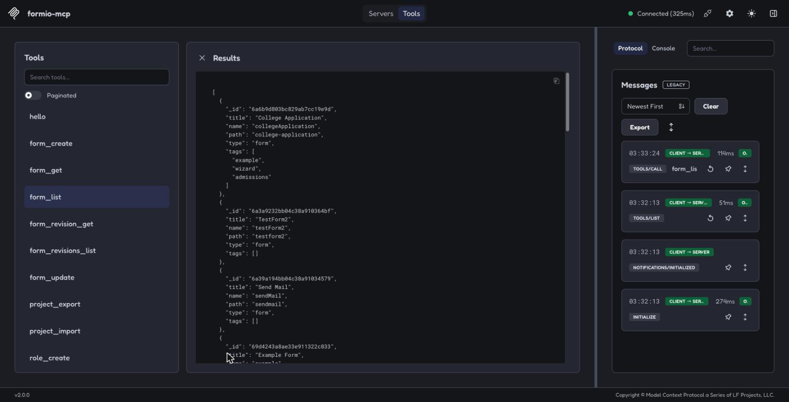 form_list results showing form definitions returned from a Form.io project