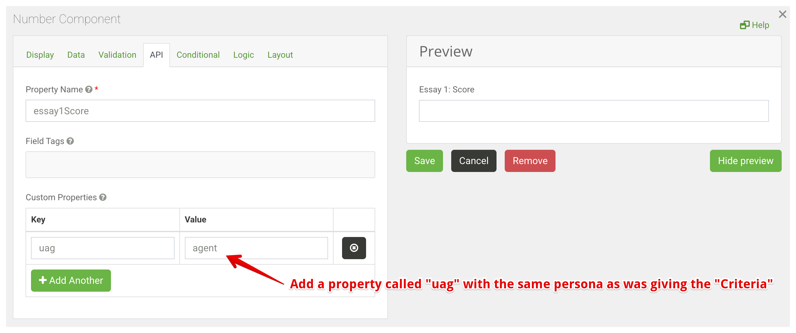 Image showing how the uag custom property is used to flag that this is a field that can be populated via the agent.