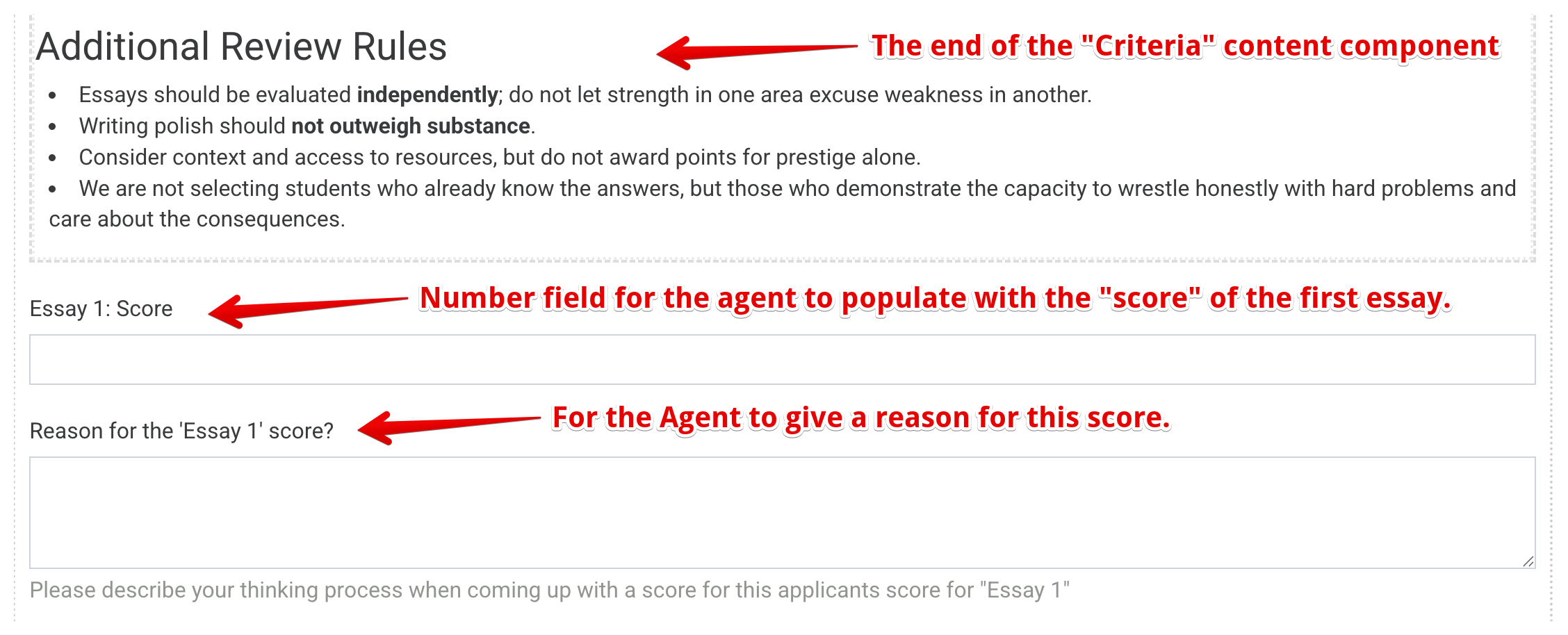 Example showing how the agent fields are paired along with the criteria so that the agent is aware of what fields it can populate.