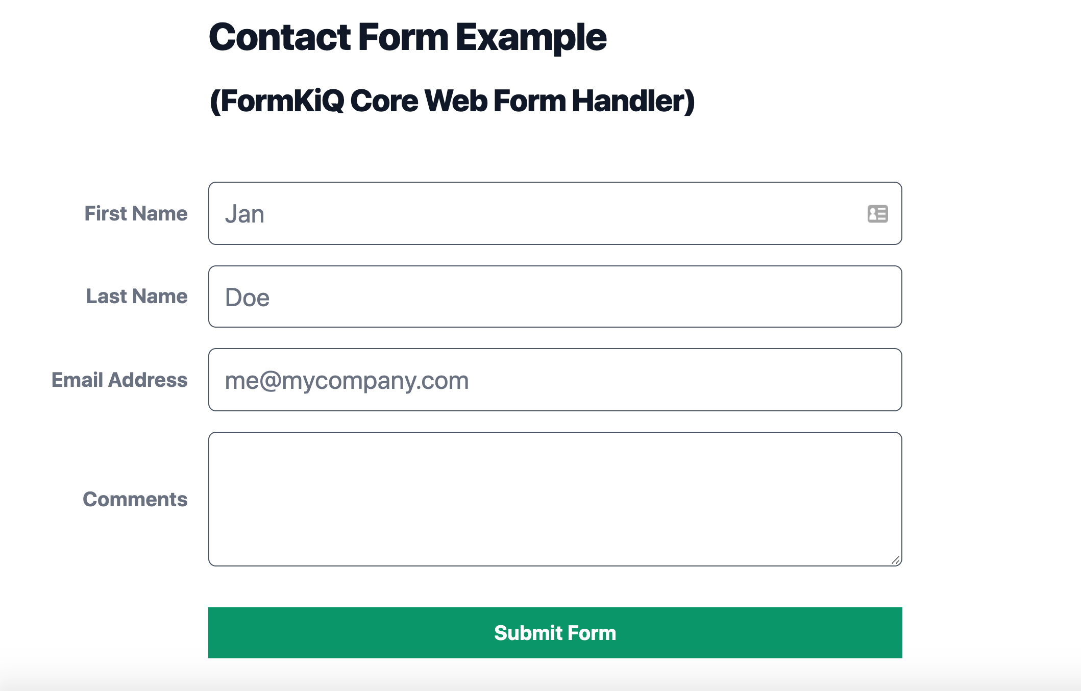 Screenshot of Contact Form Example
