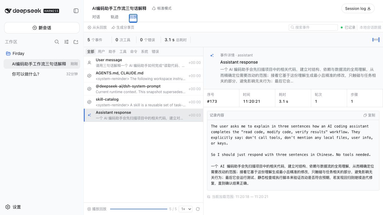 DeepSeek Harness 中的回放标签页