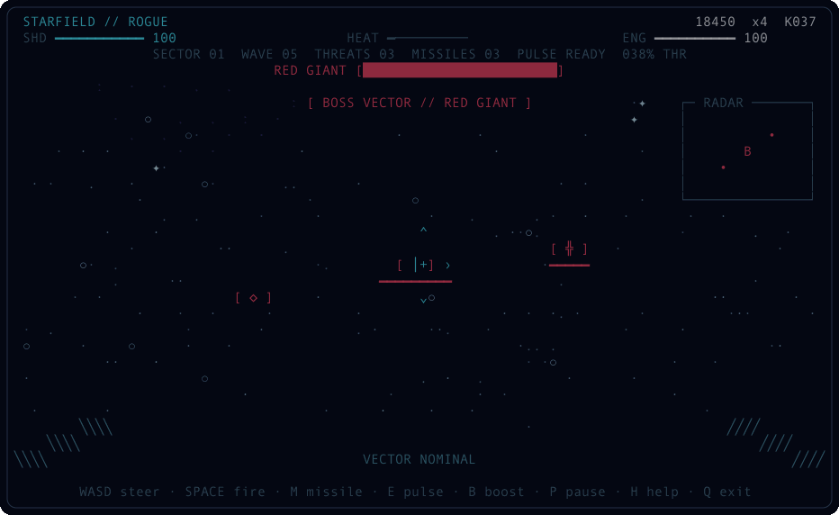 Starfield Rogue boss combat in a terminal