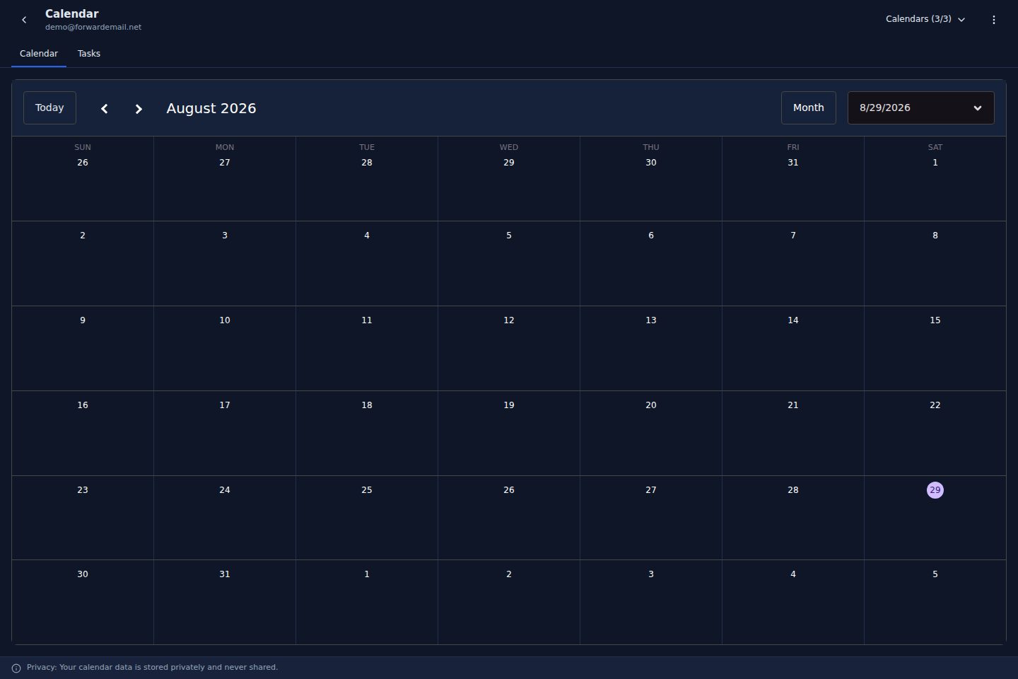 Dark mode calendar page