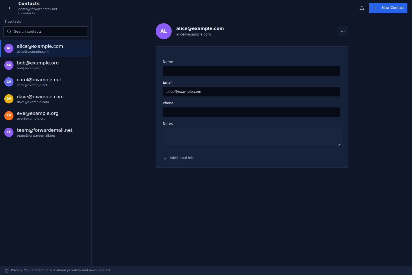 Dark mode contacts page