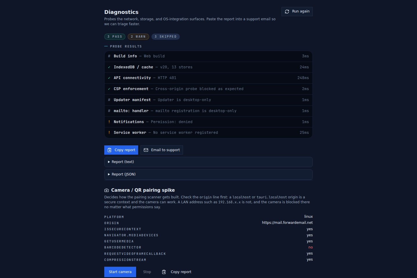 Dark mode diagnostics page