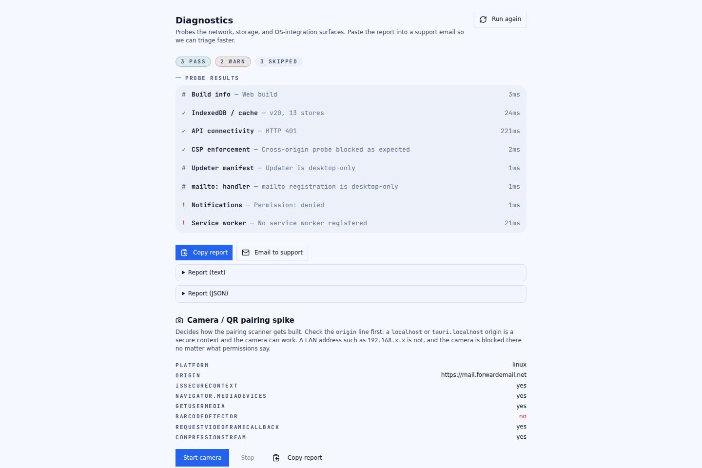 Light mode diagnostics page