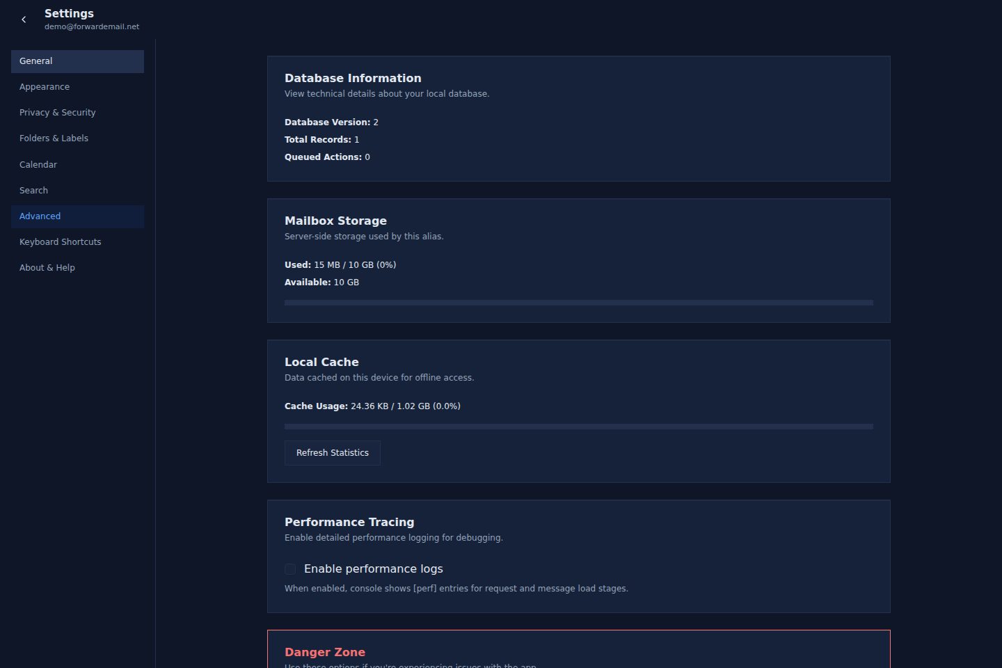 Dark mode advanced settings page