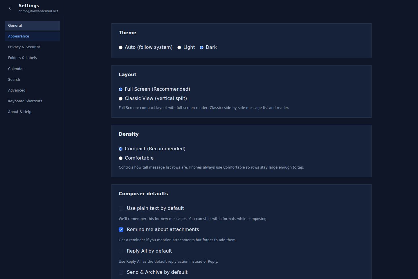 Dark mode appearance settings page