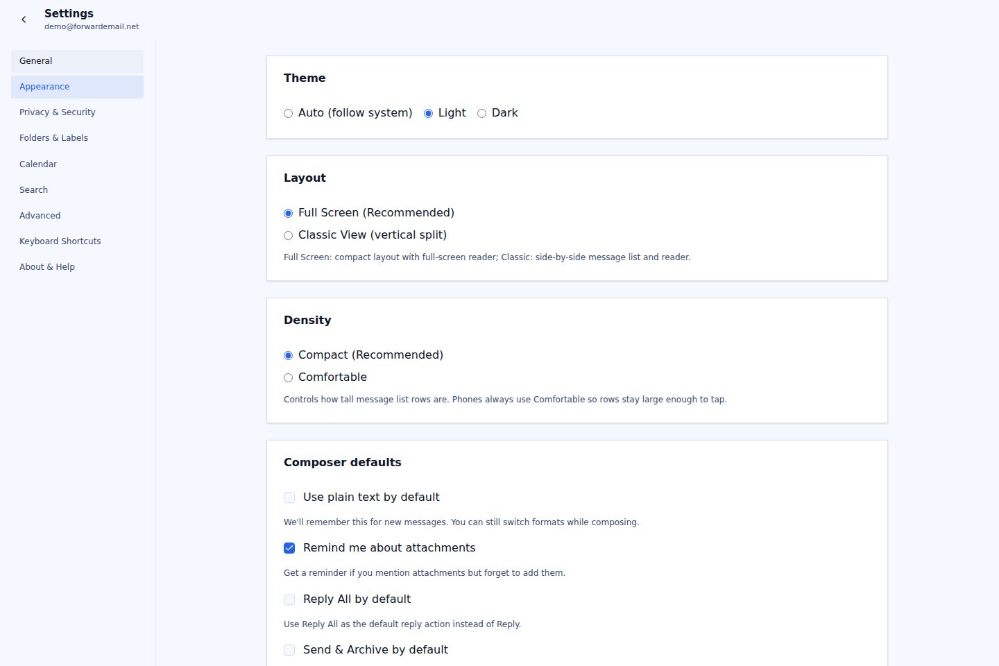 Light mode appearance settings page