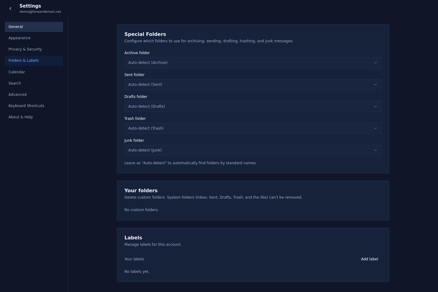 Dark mode folders and labels settings page