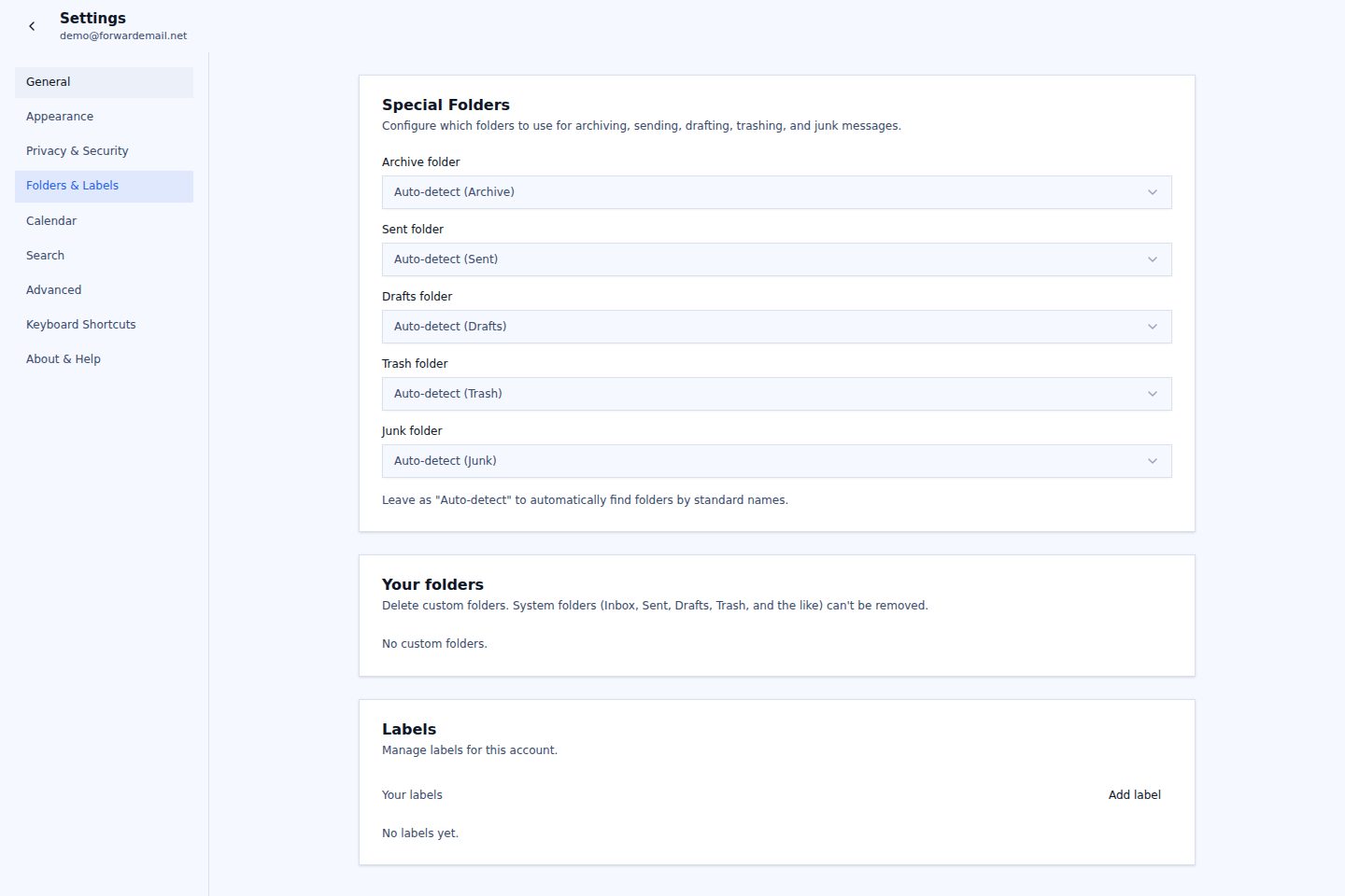 Light mode folders and labels settings page